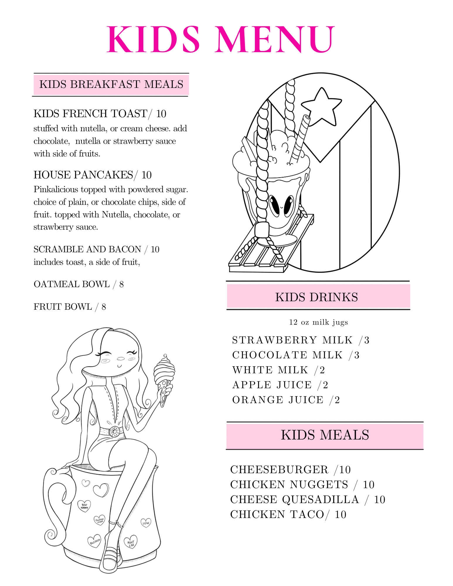 Aqua Marina Beach Club kids menu